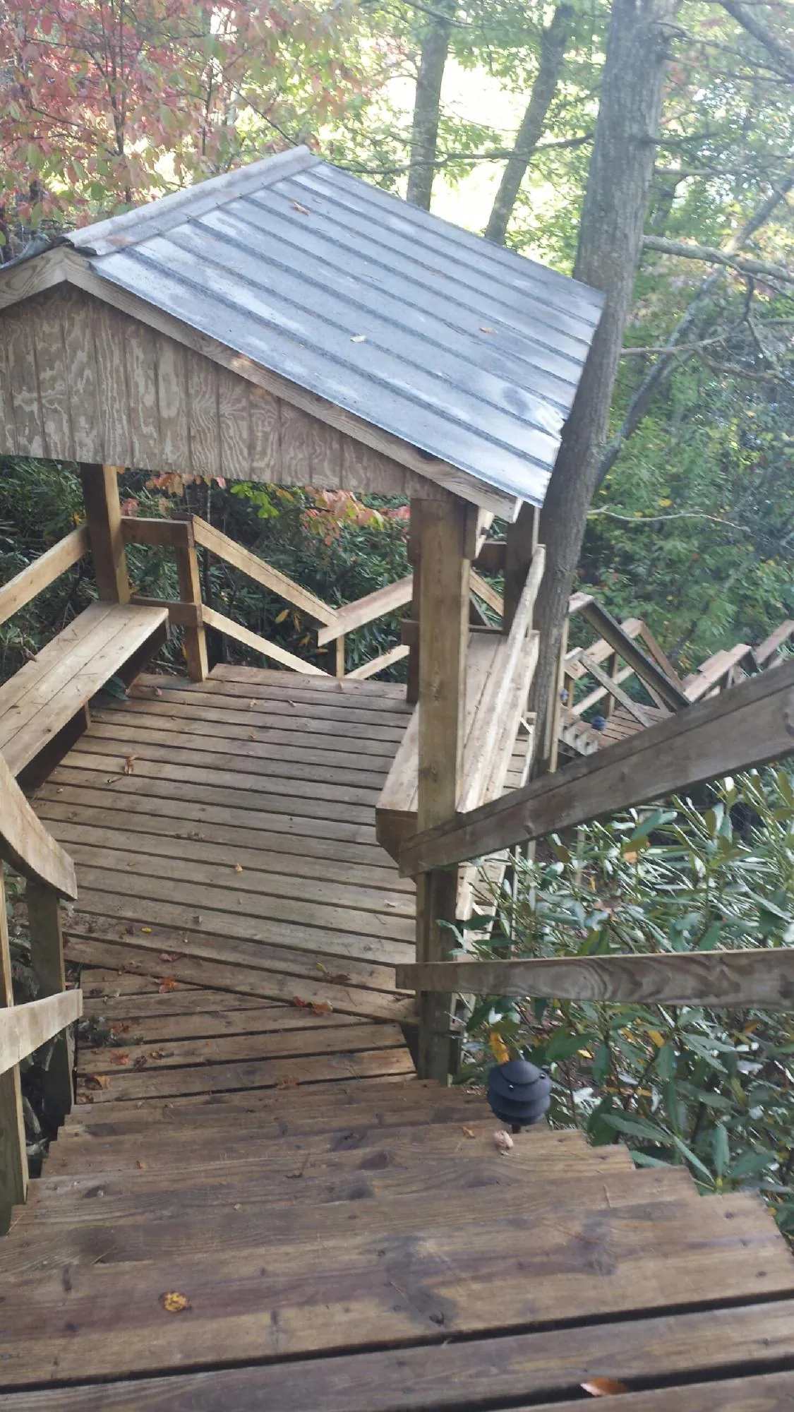 Metal roofed shelter over wooden steps on a wooded walkway — Skylight Repair & Installation work by our crew in Zionville